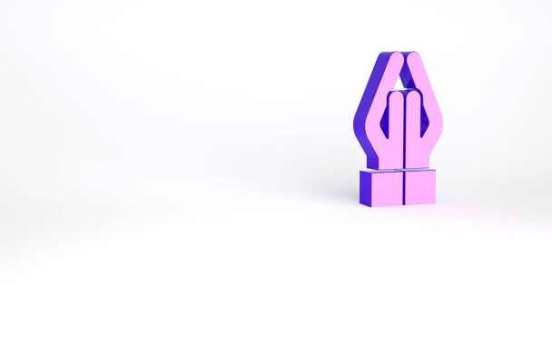 白の背景に隔離された位置のアイコンを祈る際の紫色の手。信仰と希望をもって神に祈りなさい。最小限の概念。3Dイラスト3Dレンダリング. - 写真・画像
