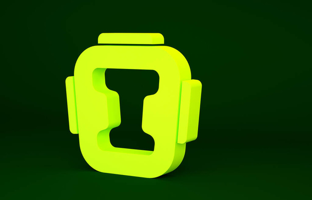 Icône de casque de boxe jaune isolé sur fond vert. Concept de minimalisme. Illustration 3D rendu 3D. - Photo, image