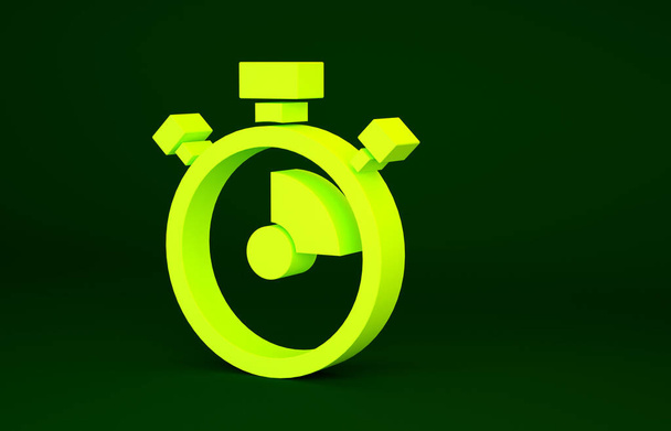 Żółta ikona Stopwatch na zielonym tle. Znak czasowy. Znak chronometryczny. Koncepcja minimalizmu. Ilustracja 3D 3D renderowania. - Zdjęcie, obraz