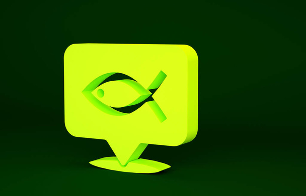 Żółty symbol chrześcijańskiej ryby ikona izolowane na zielonym tle. Symbol ryby Jezusa. Koncepcja minimalizmu. Ilustracja 3D 3D renderowania. - Zdjęcie, obraz