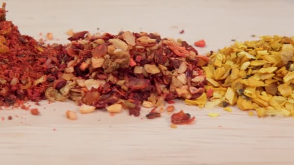 various spices turmeric, ajika, curry, oregano close-up. camera movement slider. selective focus - Footage, Video