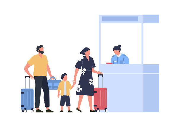 Семья при паспортном контроле в аэропорту, концепция отдыха - Вектор,изображение