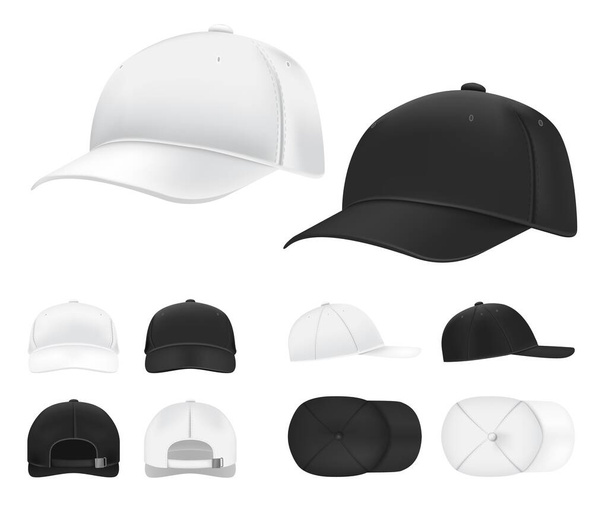 野球帽。サイド、フロント、バックのビューテンプレートに黒と白の空白のスポーツユニフォームのヘッドウェア。絶縁ベクトル帽子モックアップ - ベクター画像