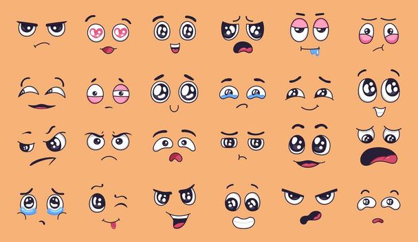 Cute cartoon faces. Face expressions, happy and sad mood. Laughing, smiling mouth and crying eyes. Different moods vector set. Positive and negative emotions - Vector, Image