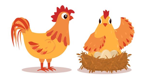  Illustration eines Hahnenpaares und einer Henne neben einem Nest mit Eiern. - Vektor, Bild