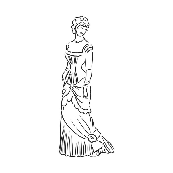 Senhora vestida de antiguidade. Ilustração de vetor de moda antiga. Mulher vitoriana em vestido histórico. Vintage estilizado desenho, estilo xilogravura retro - Vetor, Imagem