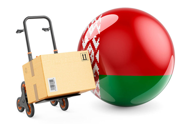 Parcela en el camión de mano con bandera de Bielorrusia. Envío en Belarús, concepto. Representación 3D aislada sobre fondo blanco - Foto, Imagen