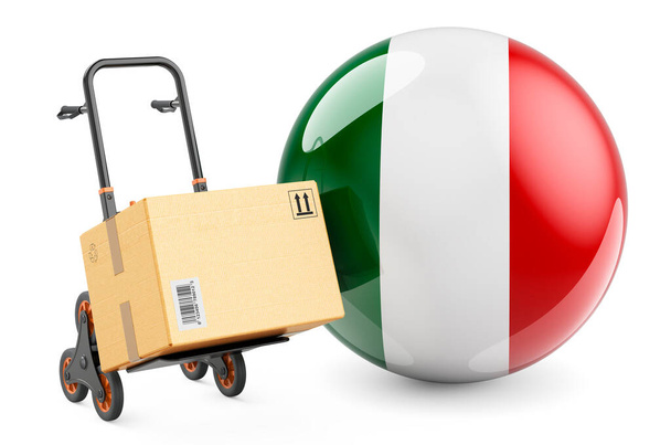 Balíček na náklaďáku s italskou vlajkou. Lodní doprava v Itálii, koncept. 3D vykreslování izolované na bílém pozadí - Fotografie, Obrázek