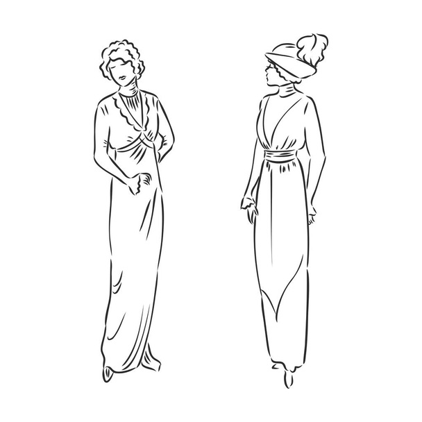Antiek geklede dame. Ouderwetse vector illustratie. Victoriaanse vrouw in historische jurk. Vintage gestileerde tekening, retro houtsnede stijl - Vector, afbeelding