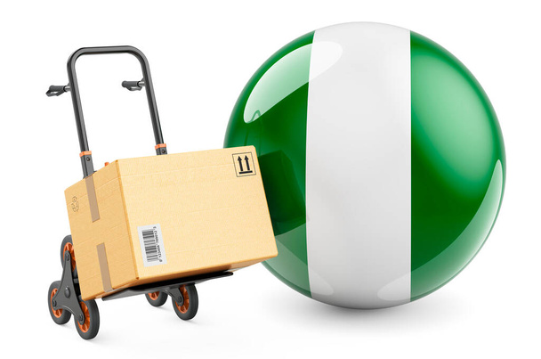 Balíček na náklaďáku s nigerijskou vlajkou. Přeprava v Nigérii, koncept. 3D vykreslování izolované na bílém pozadí - Fotografie, Obrázek