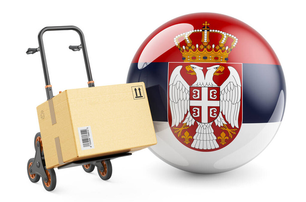 Balíček na náklaďáku se srbskou vlajkou. Lodní doprava v Srbsku, koncept. 3D vykreslování izolované na bílém pozadí - Fotografie, Obrázek
