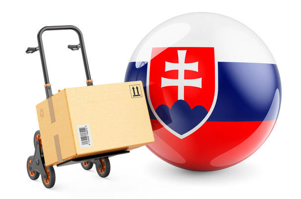 Pakket op de handtruck met Slowaakse vlag. Scheepvaart in Slowakije, concept. 3D rendering geïsoleerd op witte achtergrond - Foto, afbeelding