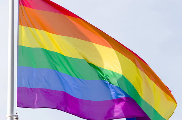 Rainbow flag, a symbol for the LGBT community, waving in the wind with a cloudy background - Φωτογραφία, εικόνα