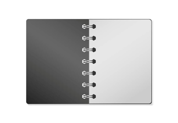 3D ρεαλιστικό μοντέλο σημειωματάριο με μαύρο σκληρό εξώφυλλο. Κάθετη διοργανωτής με καθαρή σελίδα. Πρότυπο σημειωματάριο ή ημερολόγιο απομονωμένο. Mockup του άδειου βιβλίου με ασημένια σπείρα - Διάνυσμα, εικόνα