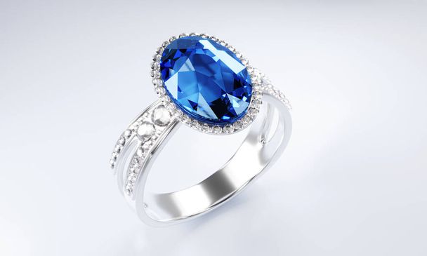 Большая синяя бриллиантовая овальная форма окружена множеством бриллиантов на кольце из платинового золота, расположенного на сером фоне. Элегантное обручальное кольцо с бриллиантом для женщин. 3d-рендеринг - Фото, изображение
