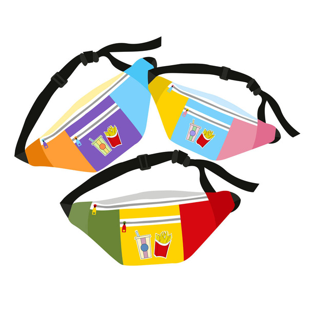 Multicolored waist bags with french fries and cocktail icons. Convenient belt bag. Small compact bags - Vector, Image