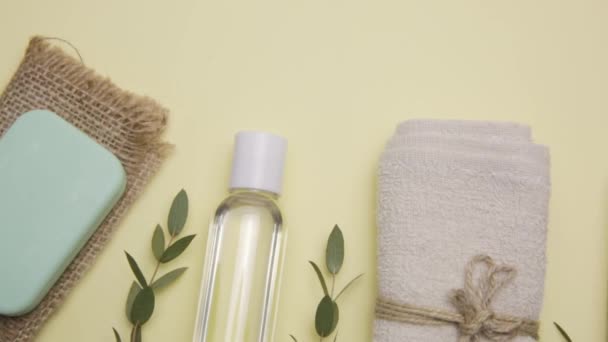 Diverse eco-vriendelijke spa behandeling en wellness producten. Verschillende persoonlijke hygiëne objecten. Milieubewustzijn en schoonheidsconcept - Video