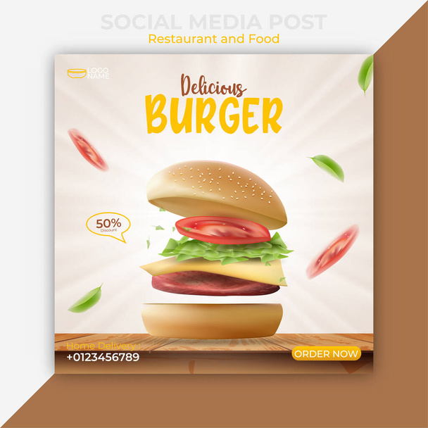 Редактируемый шаблон сообщения в социальных сетях. реклама гамбургеров и фаст-фуда. вектор иллюстрации с реалистичным бургером - Вектор,изображение