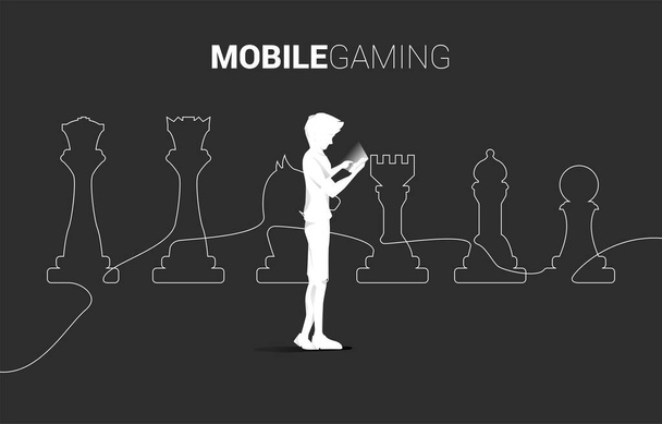 hombre con teléfono móvil y pieza de ajedrez silueta línea de fondo. icono para la planificación empresarial y el pensamiento de estrategia de juego - Vector, Imagen