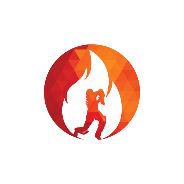 Пожежний крикет плеєр векторний дизайн логотипу. Піктограма логотипу крикету пожежного обладнання. Батсмен грає в логотип крикету та вогню
. - Вектор, зображення
