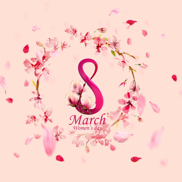  8 Março de flores rosa pétala no fundo pastel verde amarelo cor clara, mulheres dia elemento saudações cartão banner template copy space, spring holiday  - Foto, Imagem