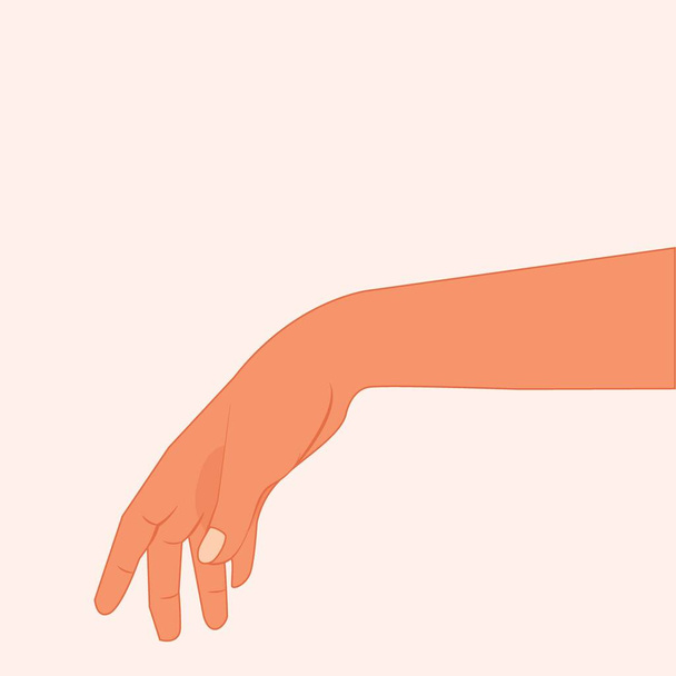 Realistyczna Ręka robi gest i czegoś dotyka. Sięgnij ręką. Manicure kobieca ręka rozciągająca dłoń w dół. Kosmetyczna pielęgnacja dłoni. Ręcznie pochylając się w dół Realistyczne Wektor ilustracji izolowane biały - Wektor, obraz