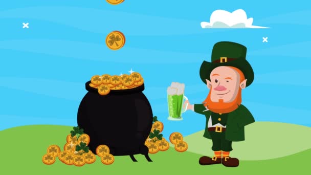 szczęśliwy święty Patricks dzień leprechaun pijąc piwo z kotłem skarb - Materiał filmowy, wideo