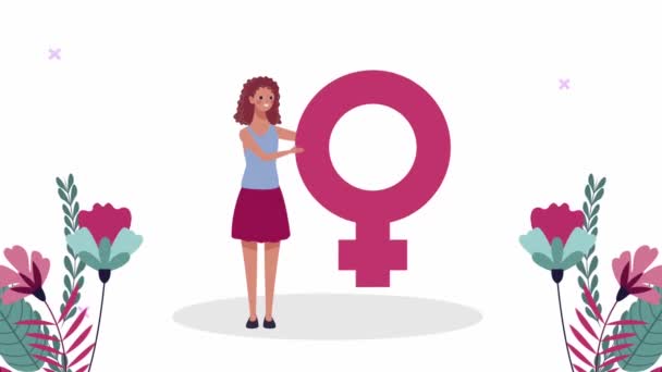 cartão de dia feliz das mulheres com menina levantando símbolo de gênero feminino e flores - Filmagem, Vídeo