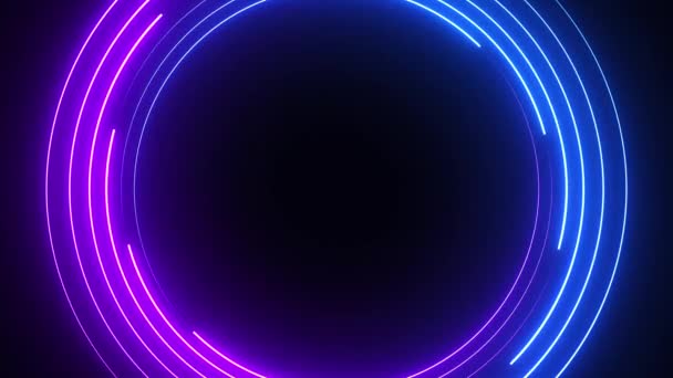 Абстрактный неоновый круг. Синий и фиолетовый неон кружит вокруг высокотехнологичного фонового движения без шнурков. 3D анимация - Кадры, видео