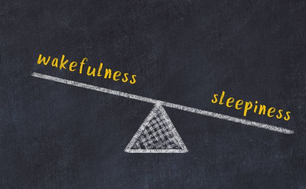 Uyanıklık ve uykusuzluk arasındaki denge kavramı. Üzerinde pullar ve kelimeler olan siyah bir karatahta. - Fotoğraf, Görsel