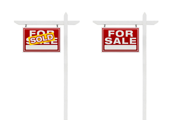 Two Left Facing Sold and For Sale Real Estate Signs With Clipping Paths Isolated on White Background. - Photo, Image