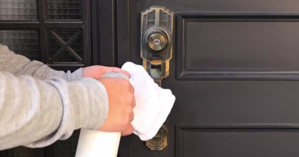 Desinfectando la perilla de la puerta por limpiador en la entrada - Imágenes, Vídeo