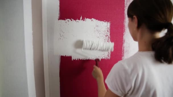 Βελτίωση σπιτιού. Όμορφη γυναίκα ζωγραφική τοίχο με ρολό χρώμα. - Πλάνα, βίντεο