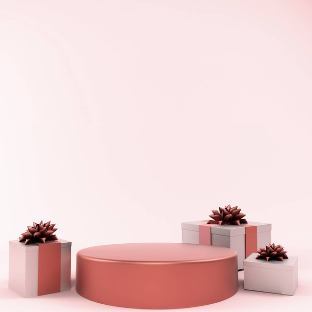 Interior de San Valentín con plataforma y cajas de regalo. Stand, podio, pedestal para mercancías, escaparates y revistas. Tarjeta de felicitación de amor, póster con cajas de regalo de color rosa, regalos - 3D maqueta de renderizado - Foto, imagen