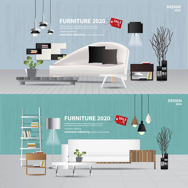 Illustration vectorielle de couches de publicité de vente de meubles de 2 bannières - Vecteur, image