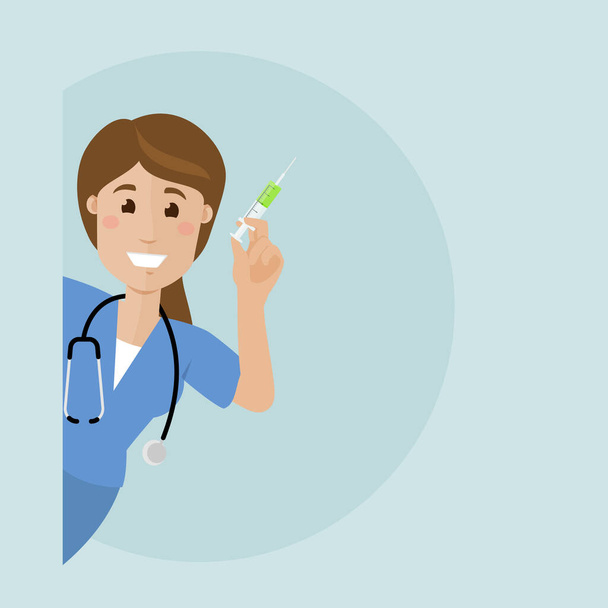 Nurse holds antibiotic syringe in her right hand. Woman looking around the corner. Vector flat illustration. - Vector, Image