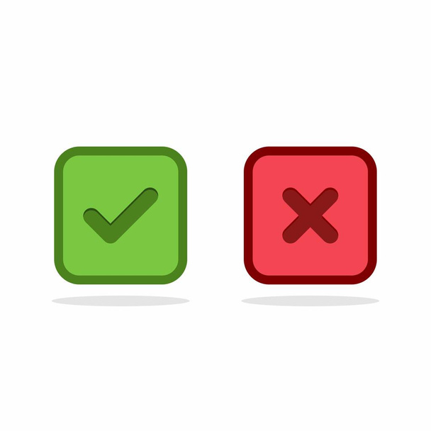 Перевірка і неправильні знаки, знаки "Tick" і "cross marks", "Accepted / Repressed", "Approved / Disapproved", "Yes / No", "Right / Wrong", "Green / Red", "Correct / False", "OK / Not OK" - векторні знаки зеленого і червоного кольорів. Ізольована ікона. - Вектор, зображення