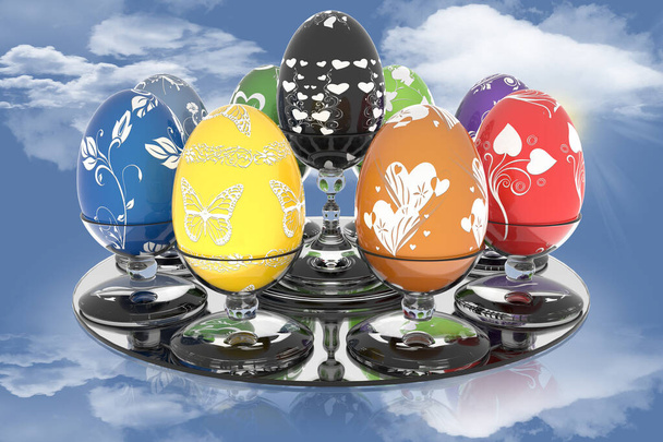  3D απεικόνιση. Σειρά διακοσμημένο πασχαλινό αυγό. Αυγά με γυάλινο περίπτερο με φόντο τον ουρανό - Φωτογραφία, εικόνα