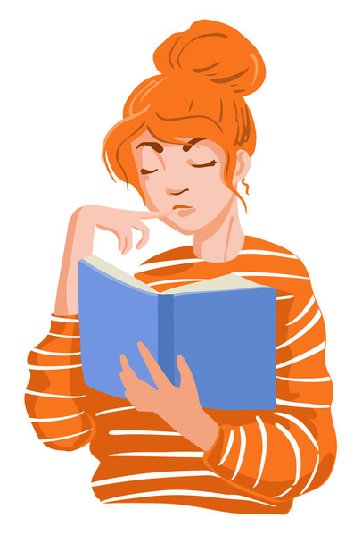 Chica con libro azul leyendo y soñando - Vector, Imagen