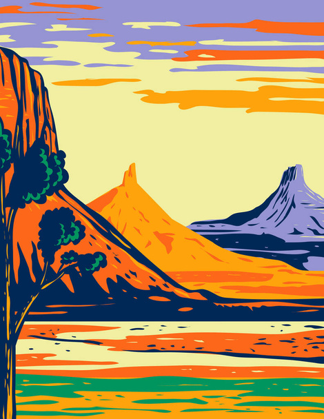 WPA poster art of the North and South Six Shooter Peak in Bears Ears National Monument located in San Juan County in southeastern Utah in works project administration or federal art project style. - Vetor, Imagem