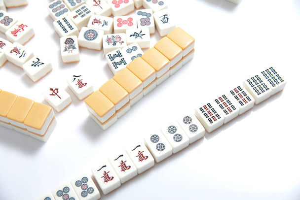 Mahjong game on white table, close up. - Photo, Image