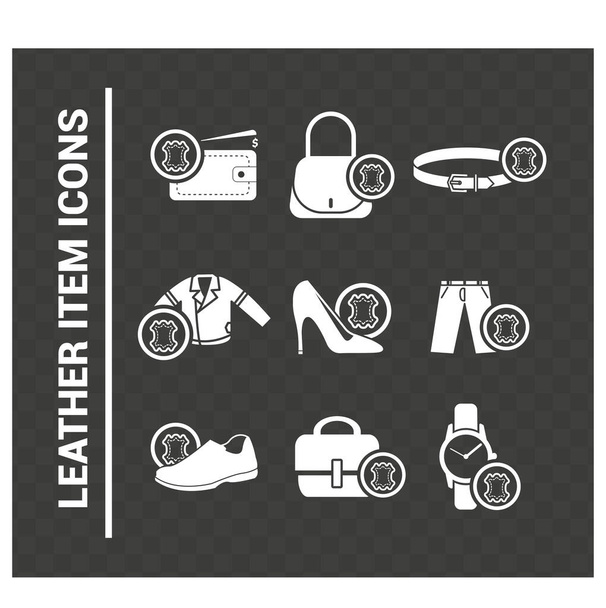 Vectorbeeld. Lederen voorwerpen pictogrammen. Ikoon van heren- en damesschoenen, een tas, een riem, een jas, een broek, een koffer, een horlogebandje en een leren portemonnee. - Vector, afbeelding