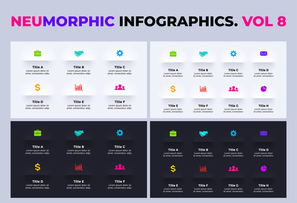Neumorphic Vector Infographic. Presentation slide template. 6, 8 steps. Light and dark. Neumorphism ui design. Clean minimal flat style.  - ベクター画像