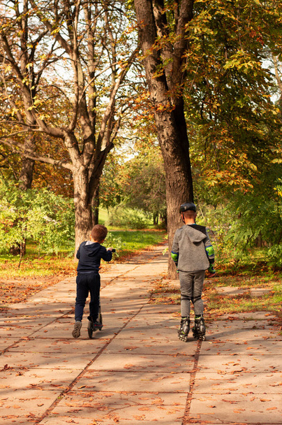 Against the background of an autumn park, one boy is rollerblading, the other is riding a scooter.Walk, sport, healthy lifestyle concept. - Photo, Image