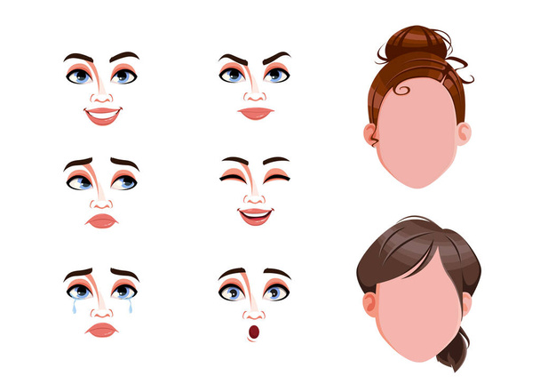 Különböző női érzelmek. Üres arcok és női arckifejezések. Válassz érzelmeket. Készletvektor illusztráció fehér alapon - Vektor, kép