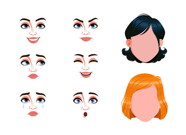 Különböző női érzelmek. Üres arcok és női arckifejezések. Válassz érzelmeket. Készletvektor-illusztráció - Vektor, kép