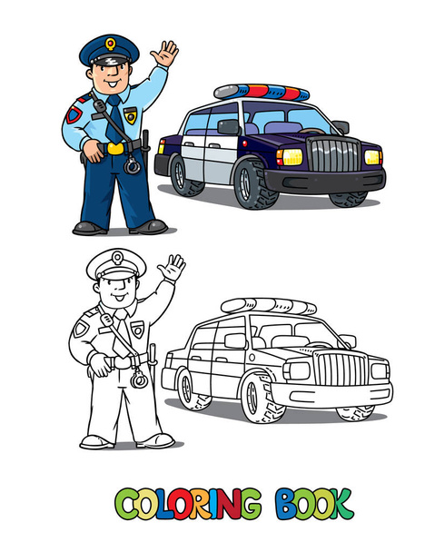 Policeman in uniform and police car. Coloring book - Vector, Image