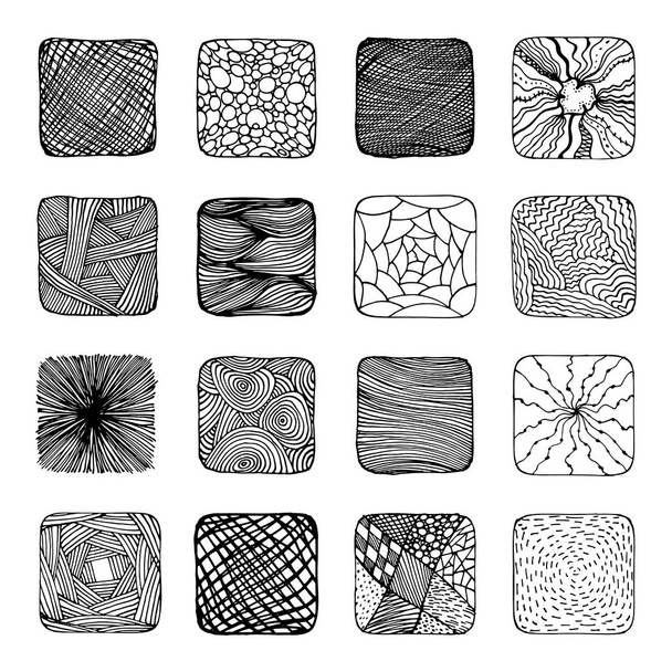 A vázlatos keltetési minták gyűjteménye. Kézzel rajzolt vonal stroke, textúrák, hátterek, szabadkézi grunge absztrakt textúrák, kézzel készített firka négyzetek - Vektor, kép