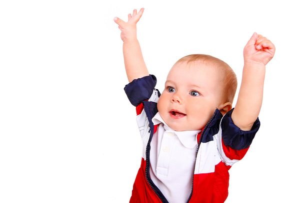 child boy with hands up isolated on white background - Zdjęcie, obraz