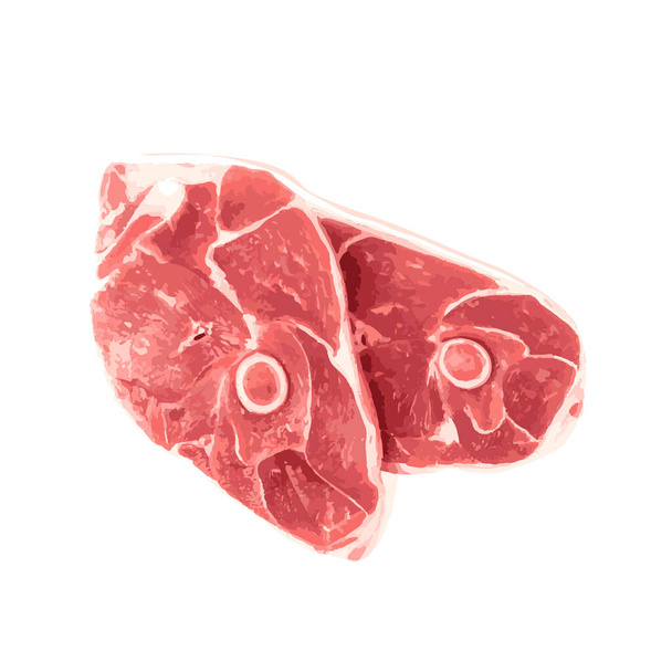 Rohe Lammkoteletts oder Hammelstücke isoliert auf weißem Hintergrund. Frisches Schaffleischschnitzel auf Knochen in Nahaufnahme - Vektor, Bild